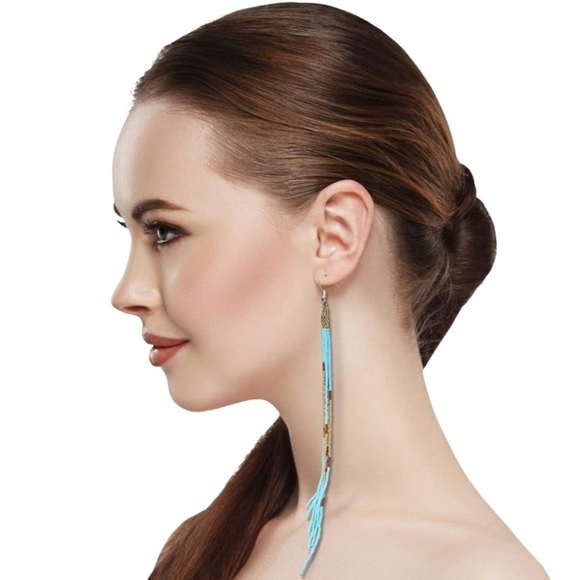 Long 9 Inch Turquoise Blue Bronze Beaded Tassel Earrings Aqua Dangle Statement - Picture 2 of 6